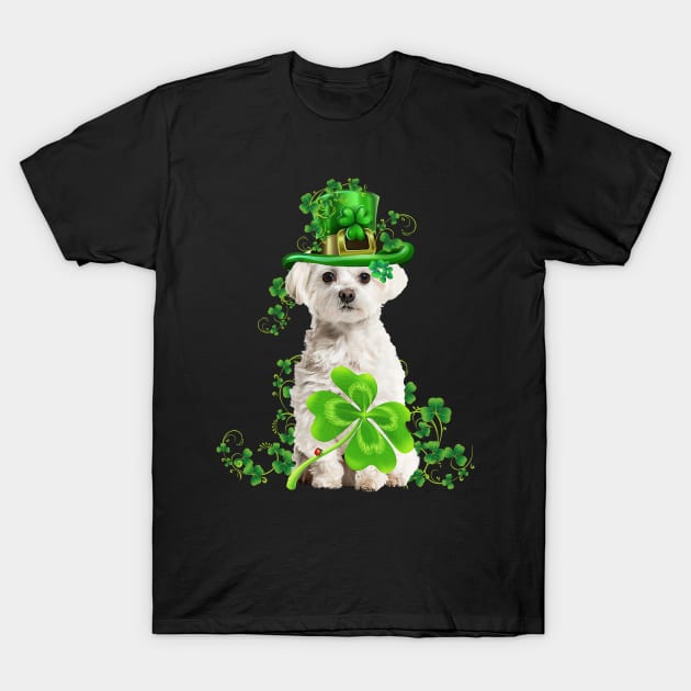 Lucky White Maltese Shamrock St Patrick's Day T-Shirt by cogemma.art